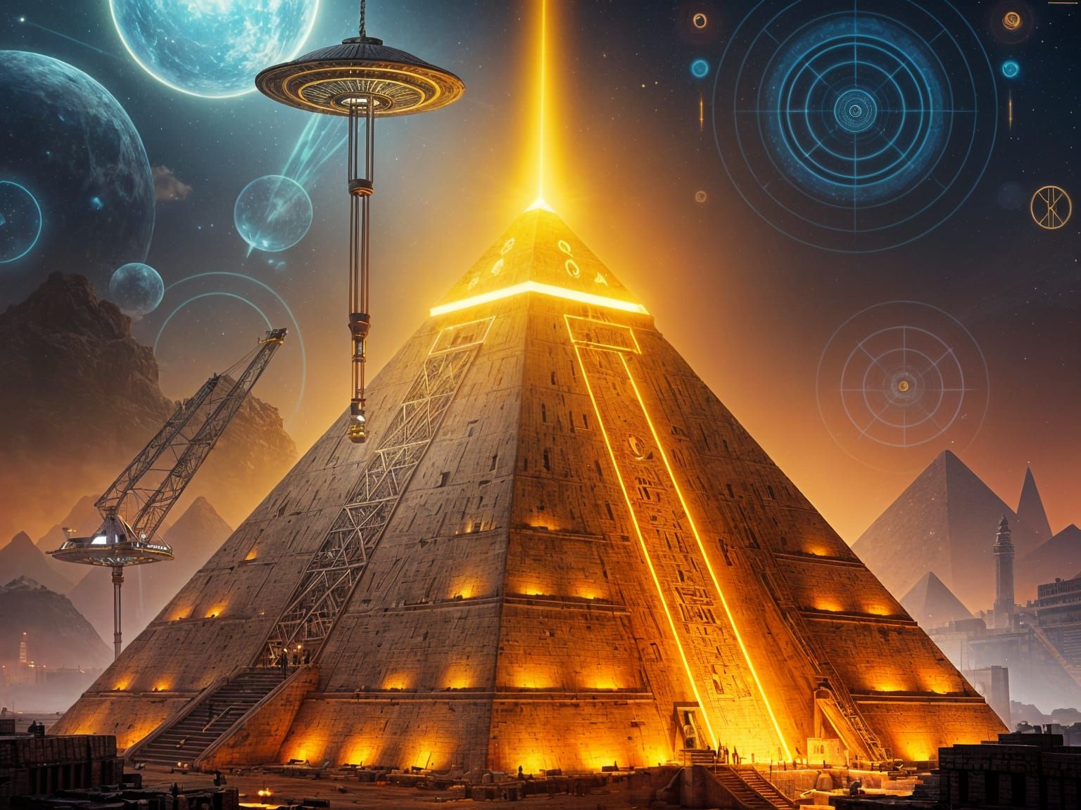 Cyberpunk Pyramid Rising with Alien Technology