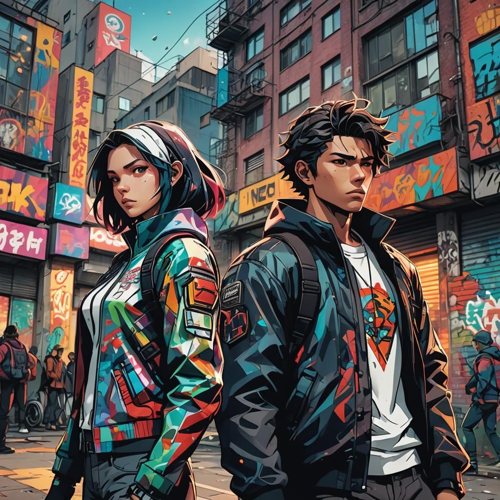 Mugen and Dzin Stand Amidst Urban Decay in a Neon-Lit Metrop...