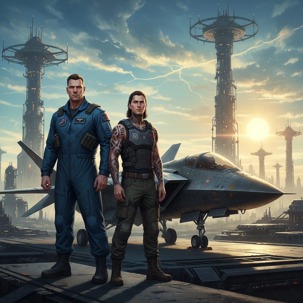 Sci-Fi Duo Beside Fighter Jet with Terraformed Planet