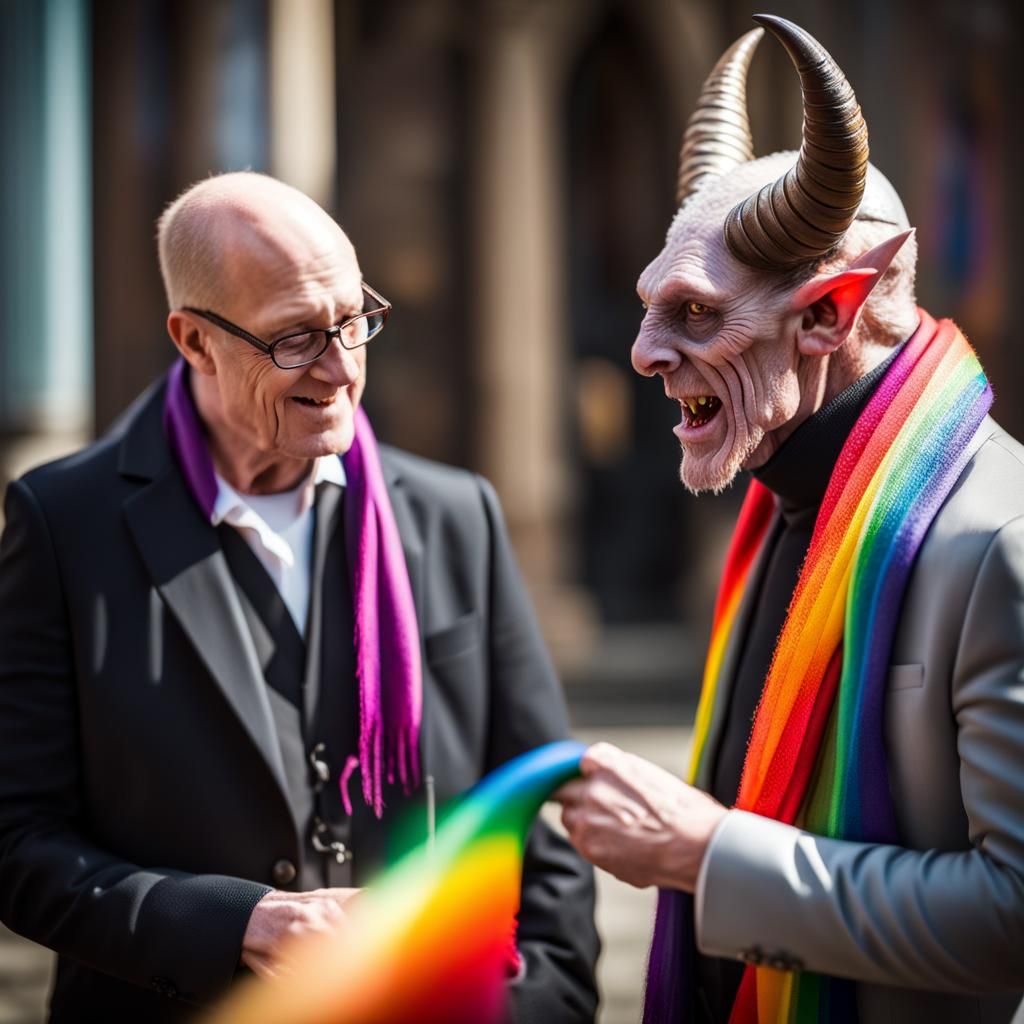 Modern Demon Meets Reverend in a Vibrant Scene