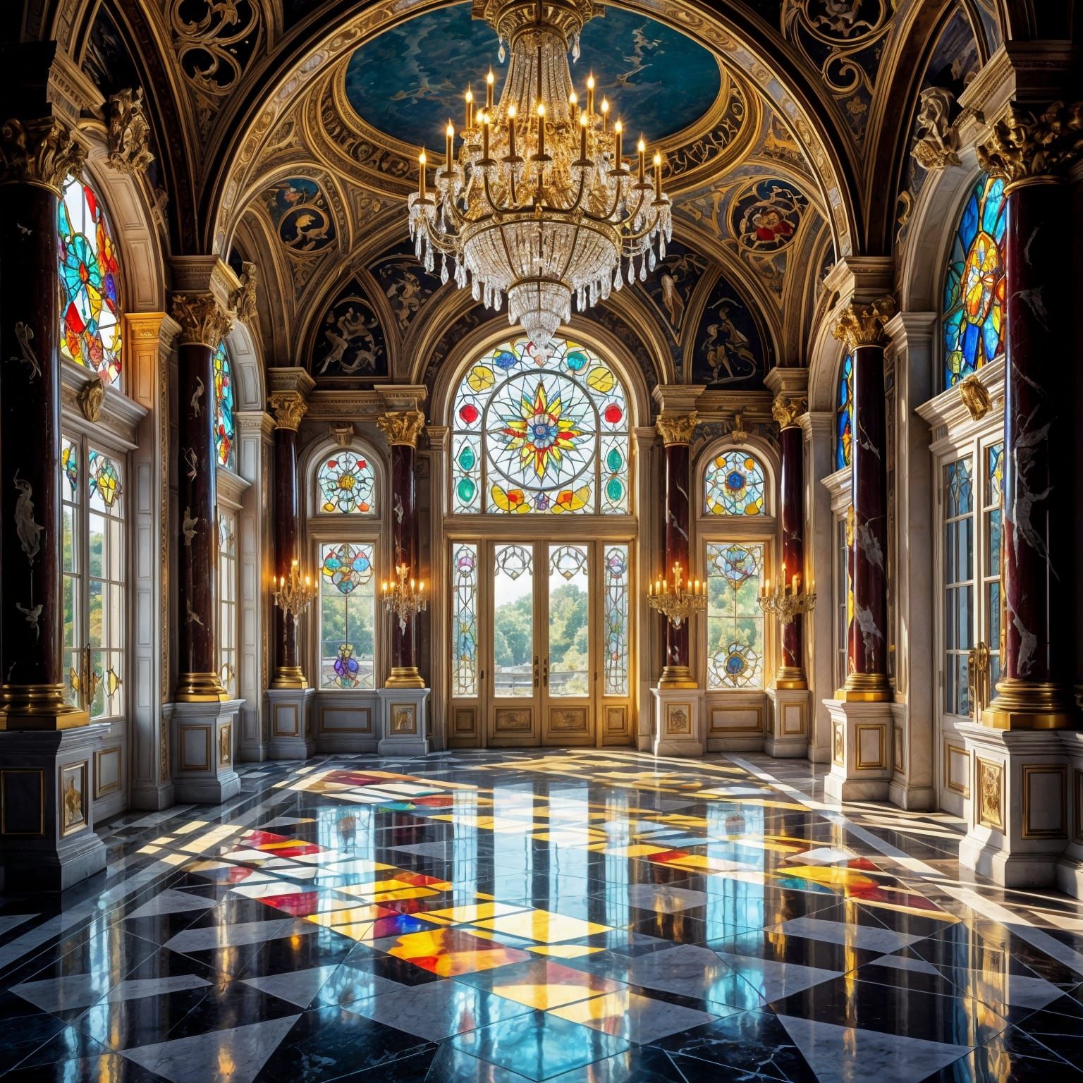 Opulent Baroque Castle Interior with Stained Glass Light