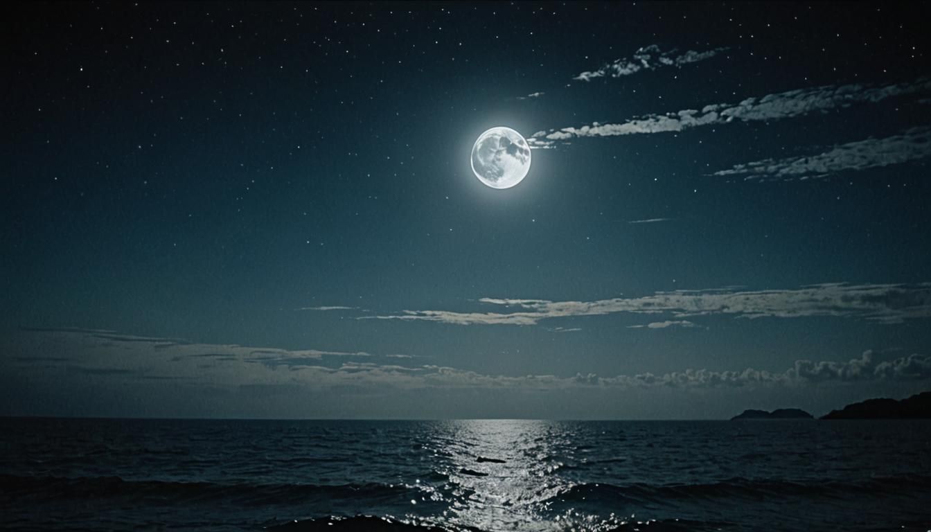 Ethereal Full Moon Rises Through Oceanic Waves in Cinematic....