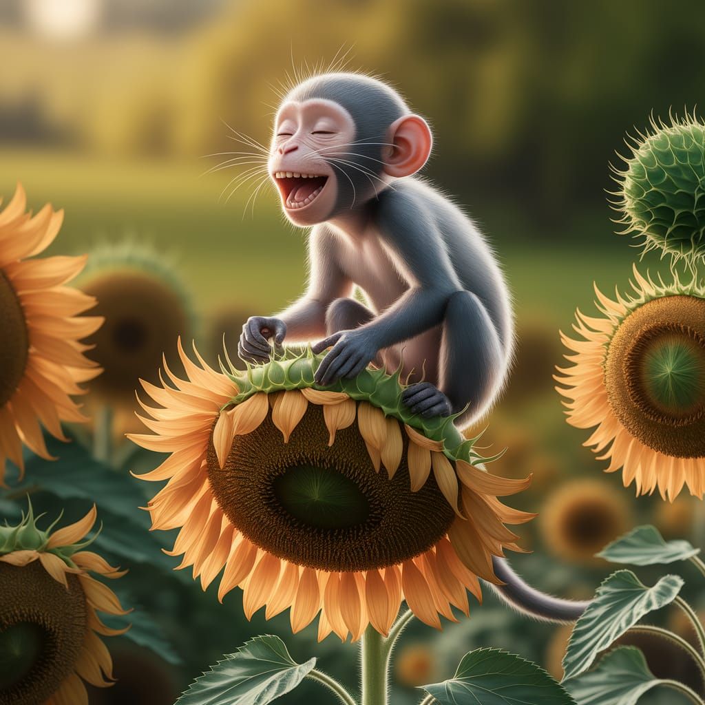 Joyful Monkey Laughing on Sunflower: Fantasy Concept Art