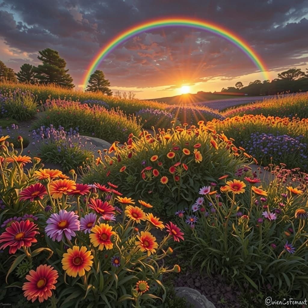 Vibrant Blanket Flowers Under Rainbow Sunset