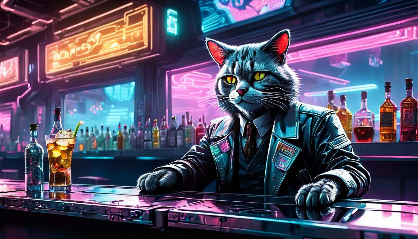 Futuristic Cyberpunk Cat Bartender in Neon Nightclub