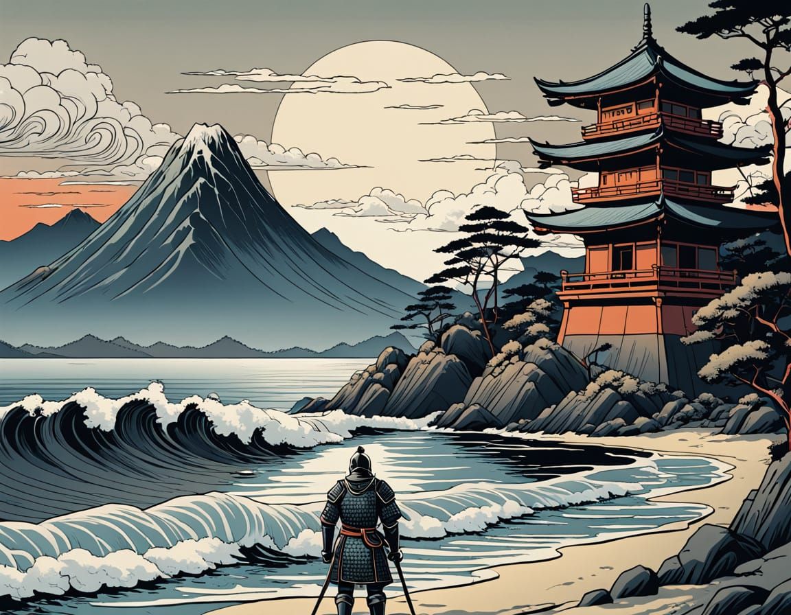 Knight and Treasure Chest in Ukiyo-e Style