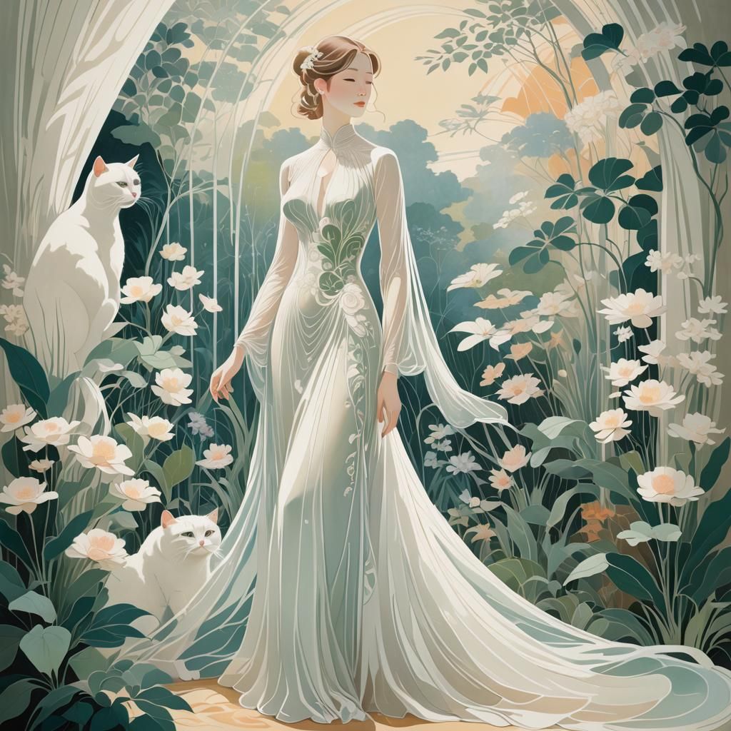 Elegant Lady in Art Nouveau Minimalism with White Cat