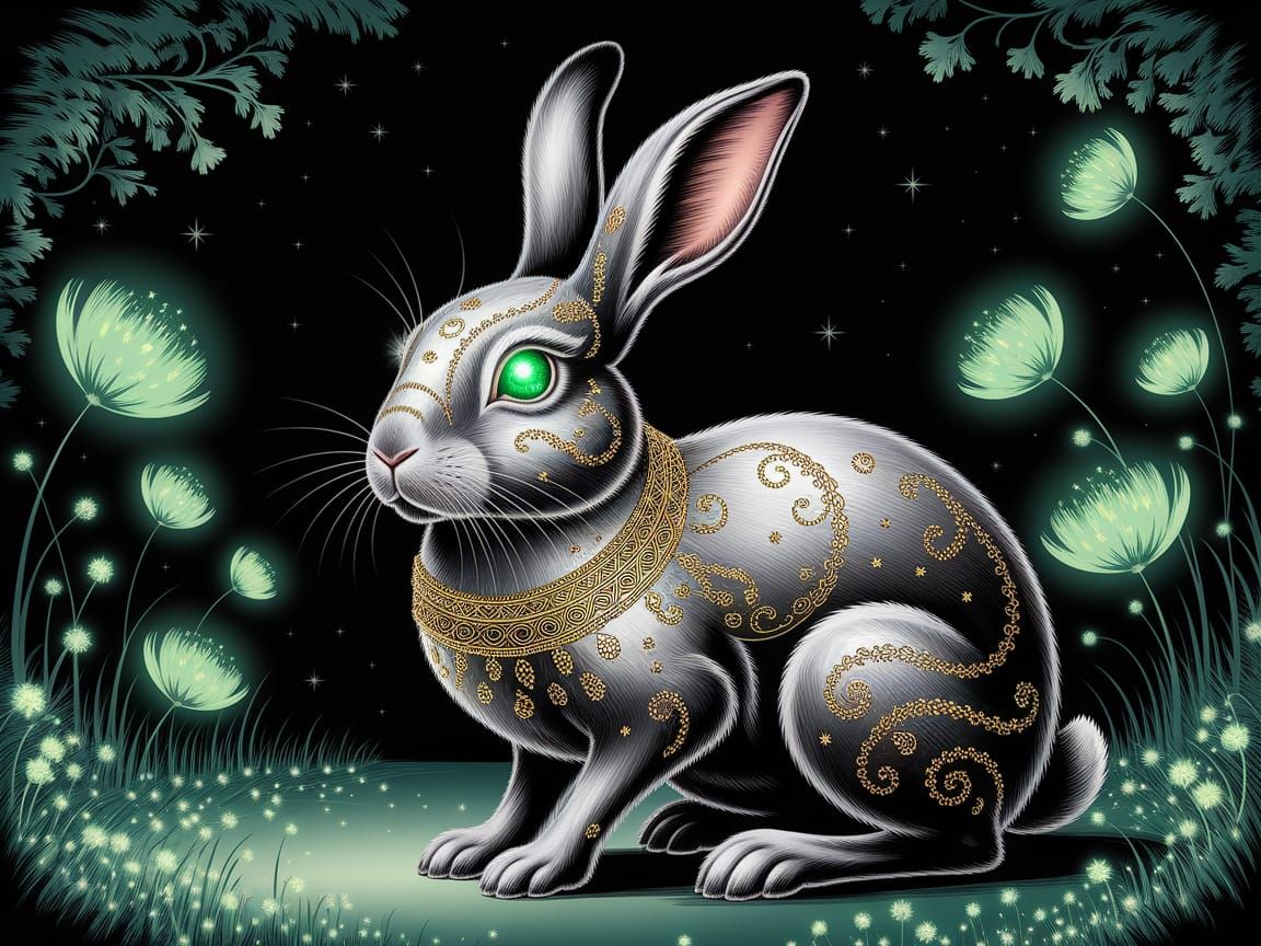 Golden Mystical Rabbit with Emerald Eyes in Fantasy Landscap...