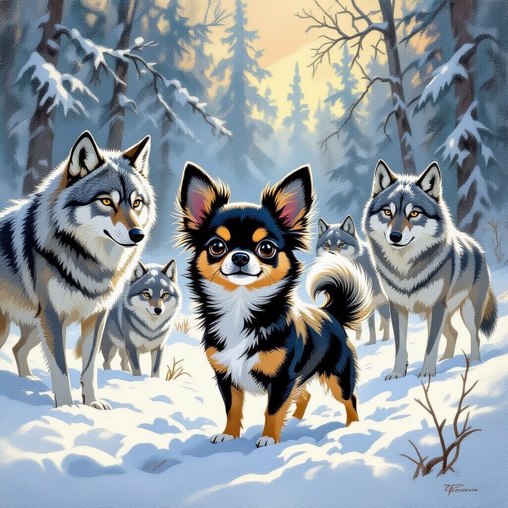 Brave Chihuahua Leads Wolf Pack in Snowy Forest