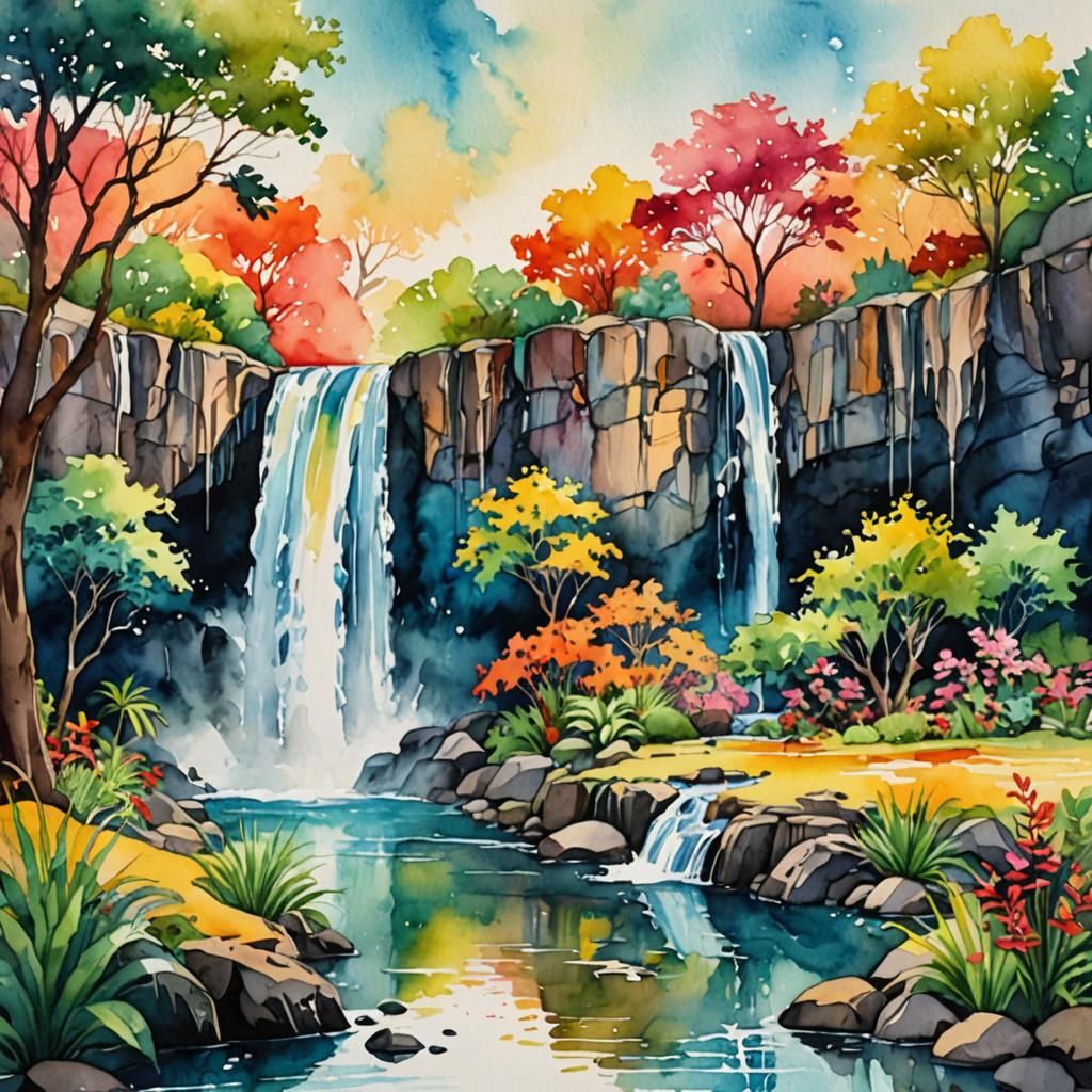 Watercolor Oasis with Vibrant Waterfall