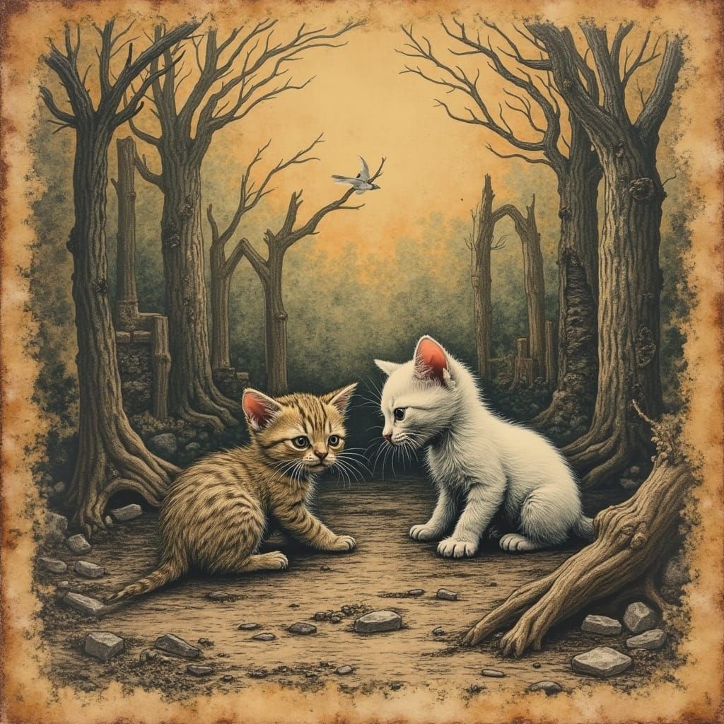 Kittens Amidst Decay in Zentangle Style