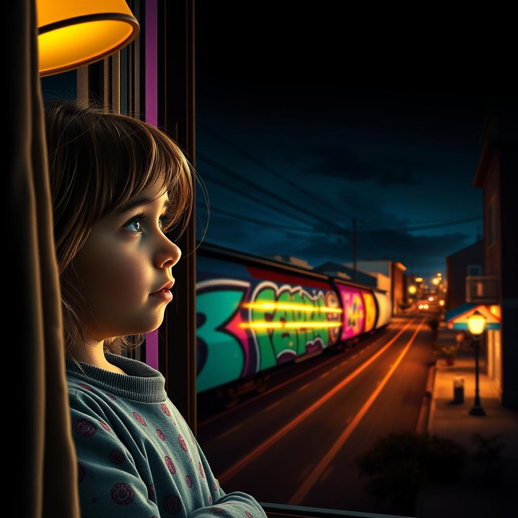 Dreamlike Graffiti Train Rolls Through Sleepy Town Under Gol...
