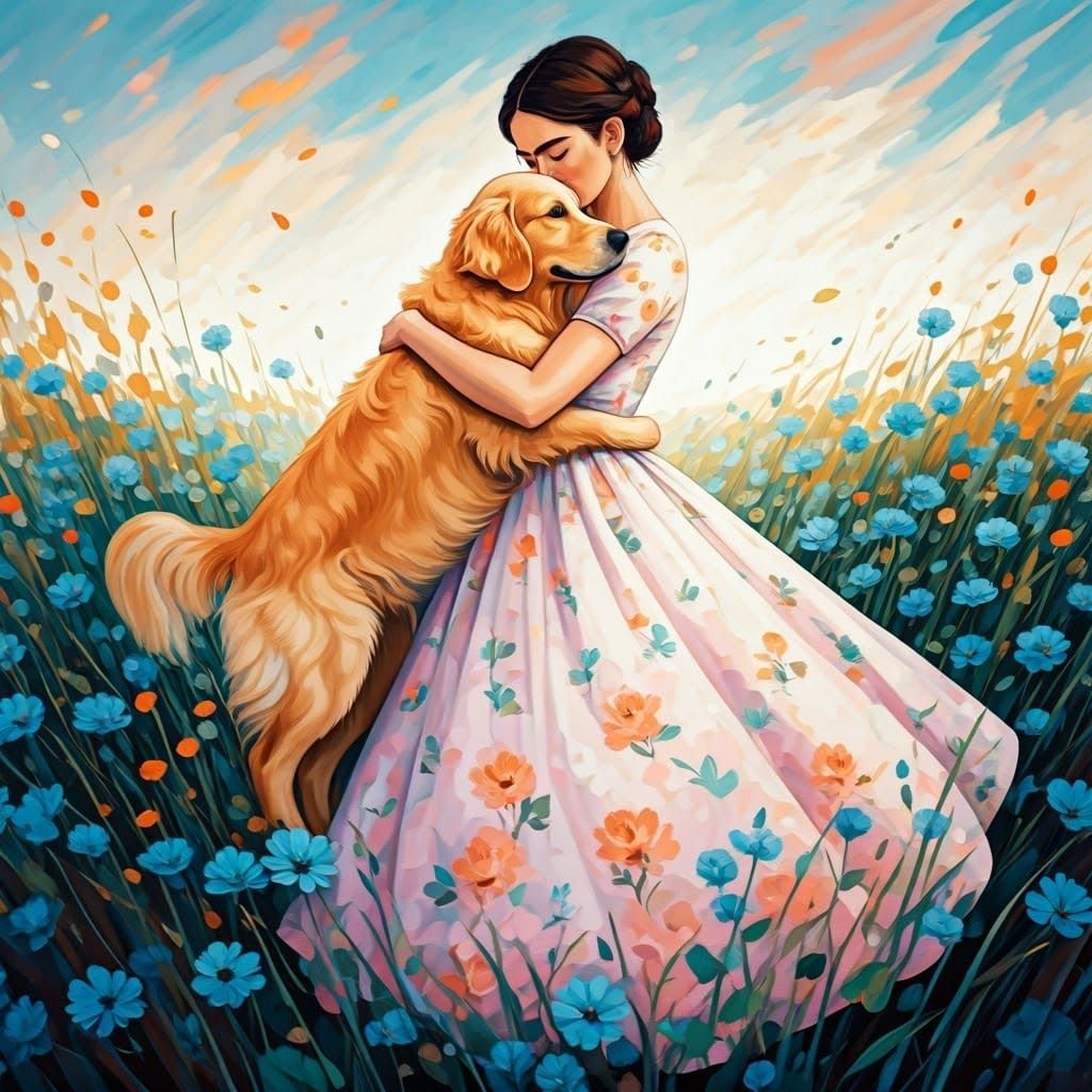 Woman Embracing Dog in Vibrant Wildflower Landscape