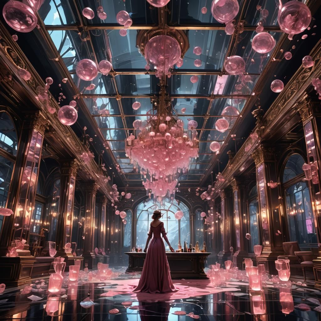 Dark Fantasy Masterpiece with Mirrors and Champagne