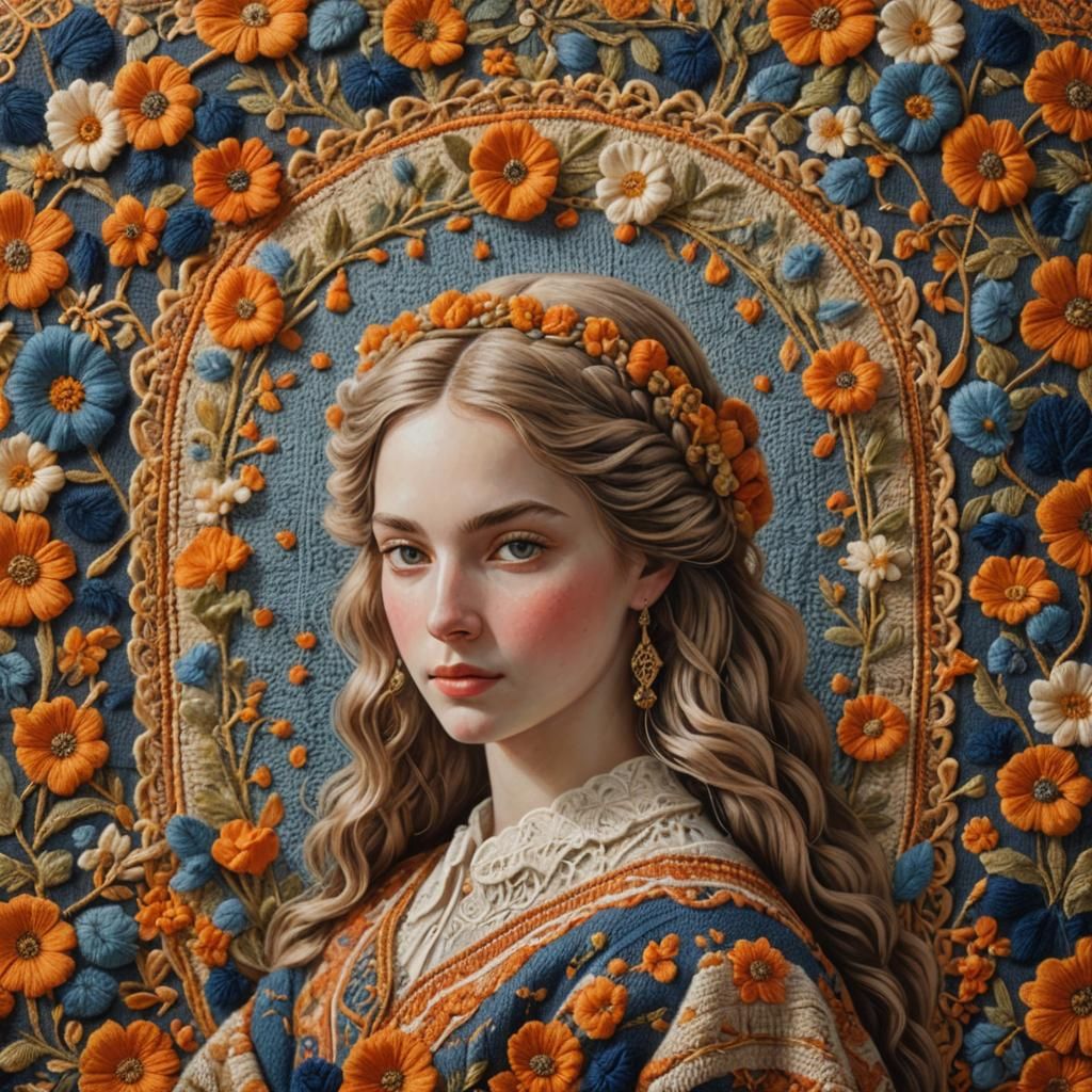 A Delicate Young Woman in Golden Light, Floral Patterns, and...