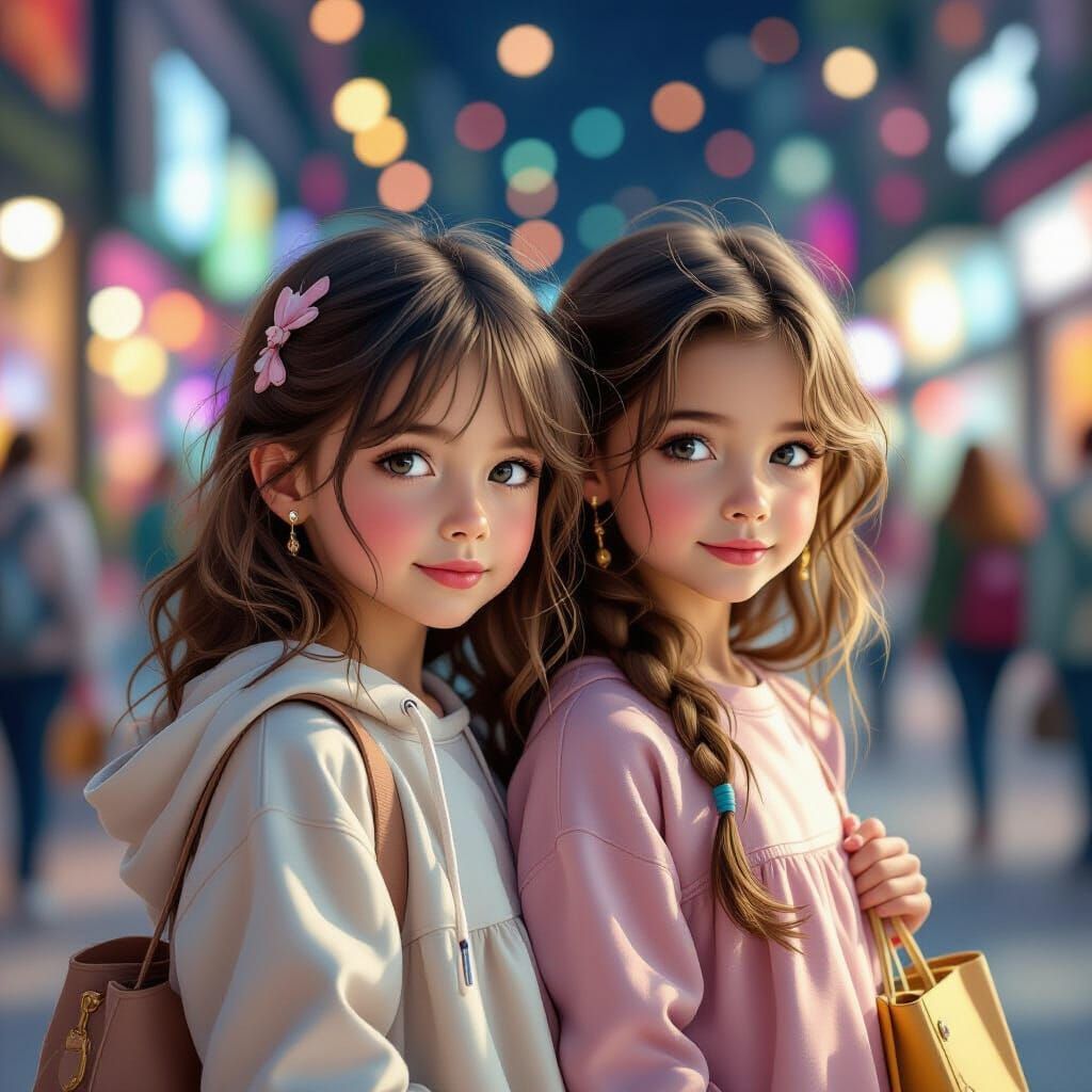 Two Young Girls Shopping in Concept Art Style
