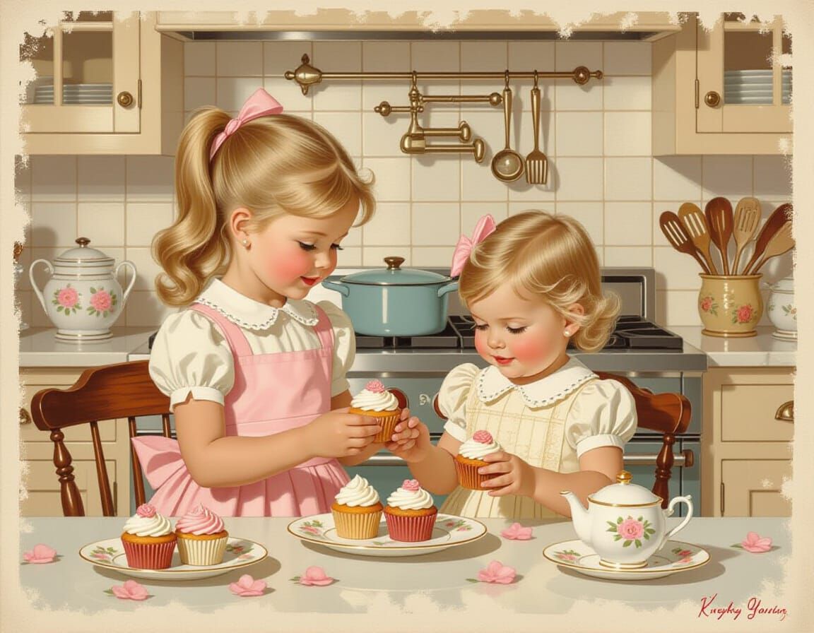 Girls Decorating Cupcakes in Pin-Up Impressionist Style