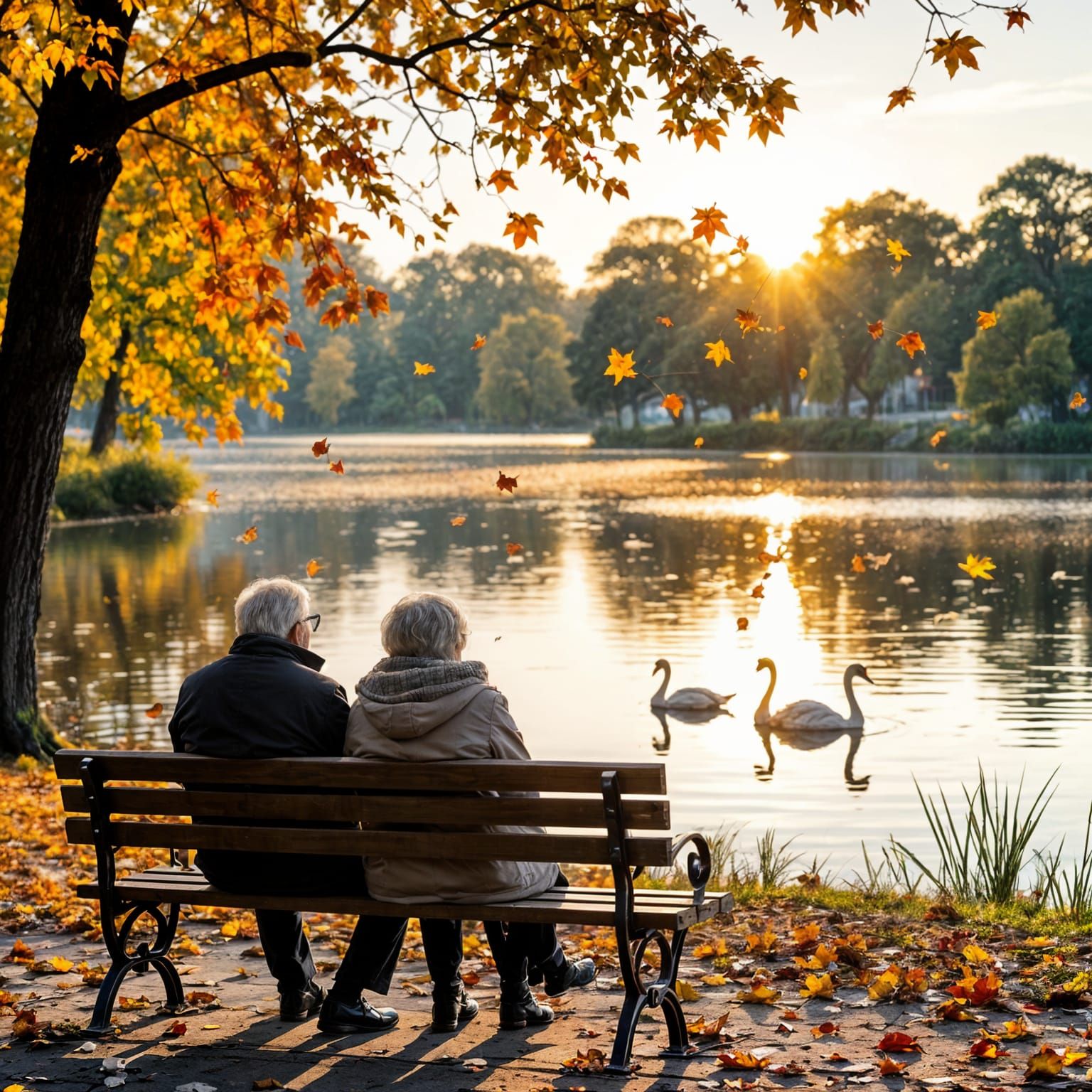 Elderly Couple Watches Swans on Fall Morning