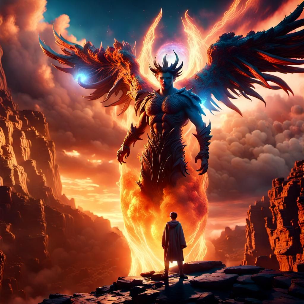 Supernatural Elemental Being in Cinematic Film Still with Sw...