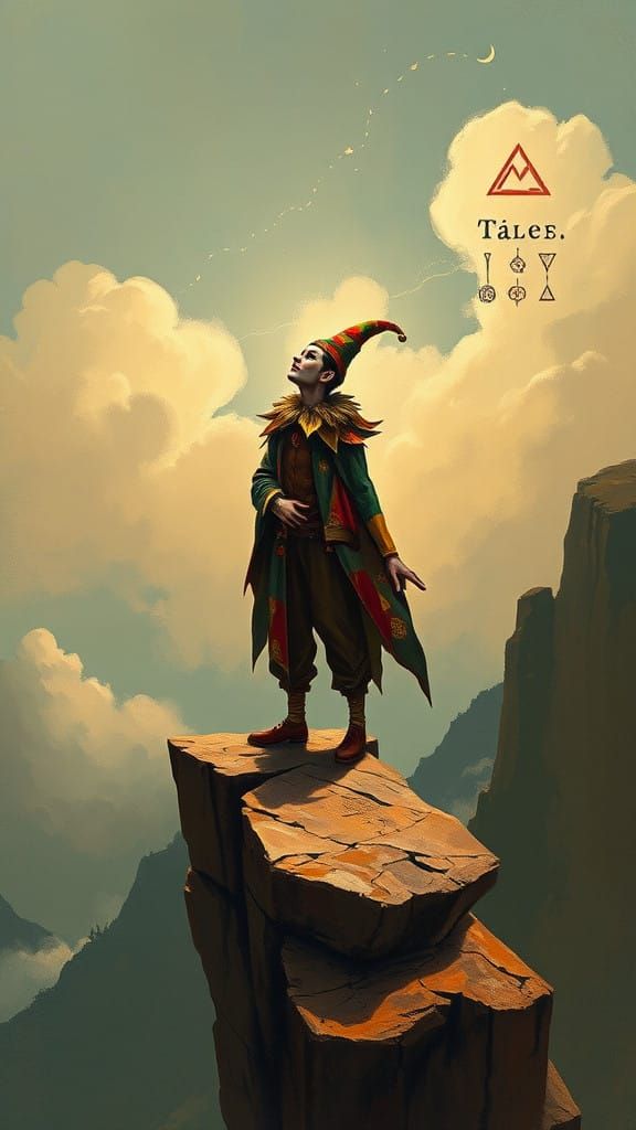 Whimsical Jester at the Edge of Eternity in Dreamlike Style