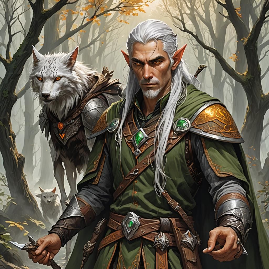 Elegant Elven Rogue with Phynxkin in Mystic Forest