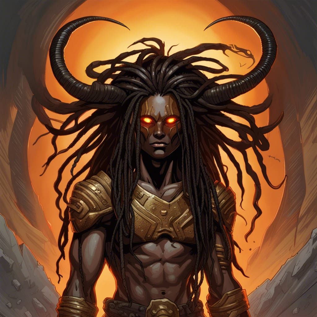 Cyberpunk Alien Creature with Dark Gold-Brown Skin and Horne...