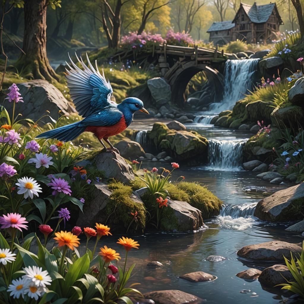 a bird sits by the bank of a mill stream