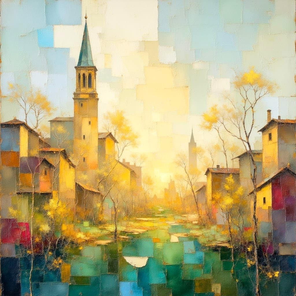 Illuminated Cityscape in Impasto Oil Painting Style