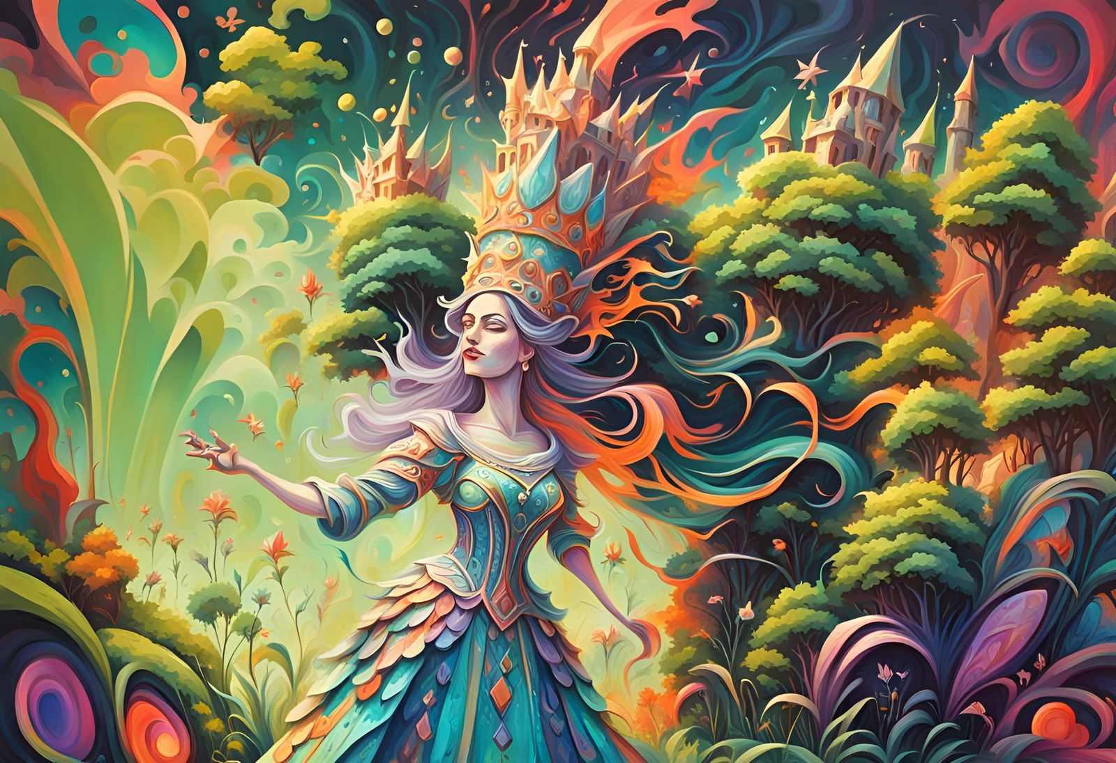 Vibrant Psychedelic Goddess Delights in Whimsical Castle Won...