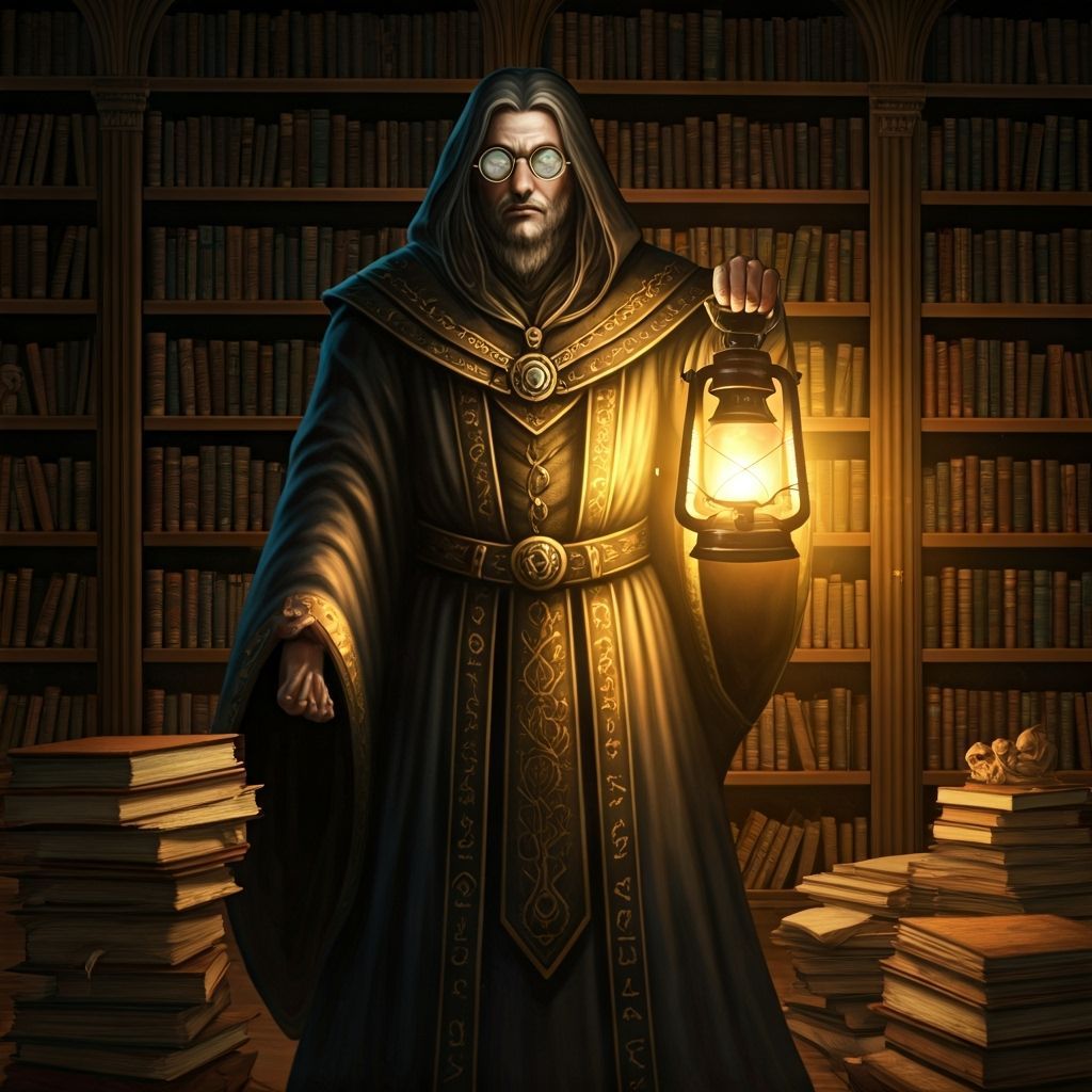 Majestic Librarian Among Ancient Tomes, Fantasy Art Style