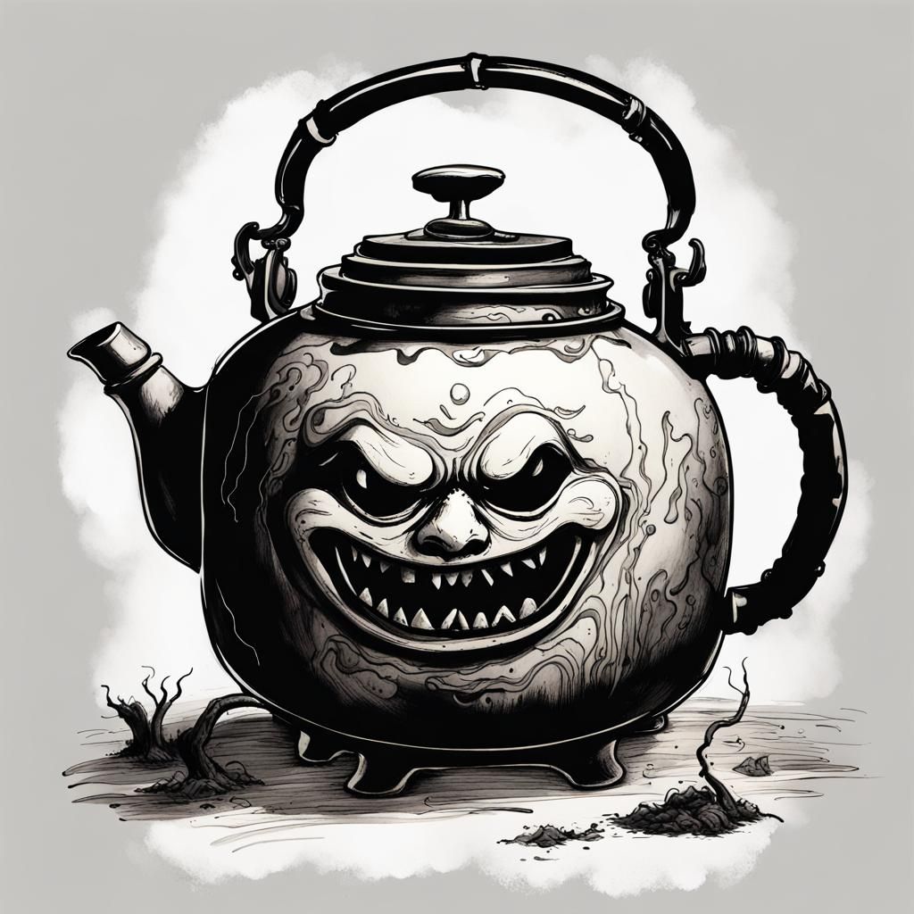 Sinister Japanese Tea Kettle Haunted in Ink Painting