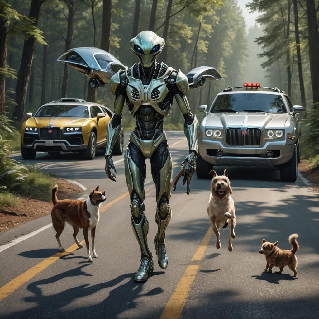 Alien in Norman Attire with Pet Crossing Road in Forest