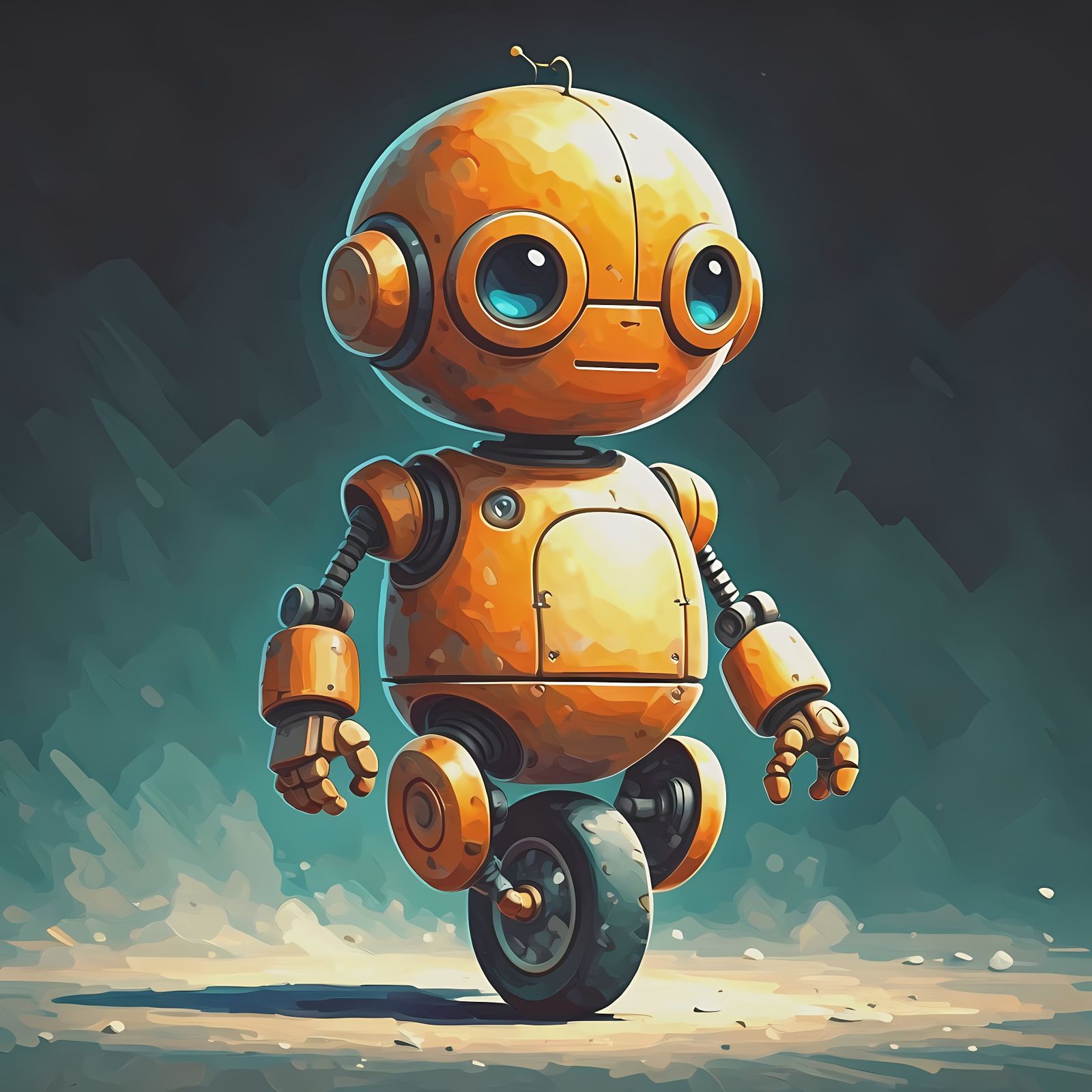 Cute Futuristic Robot with Circular Saw in Gouache Style