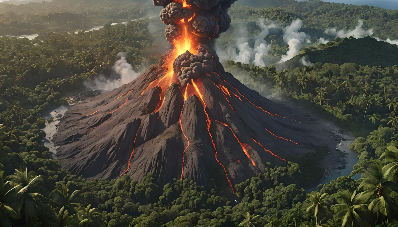 Volcanic Eruption Over Tropical Jungle Island