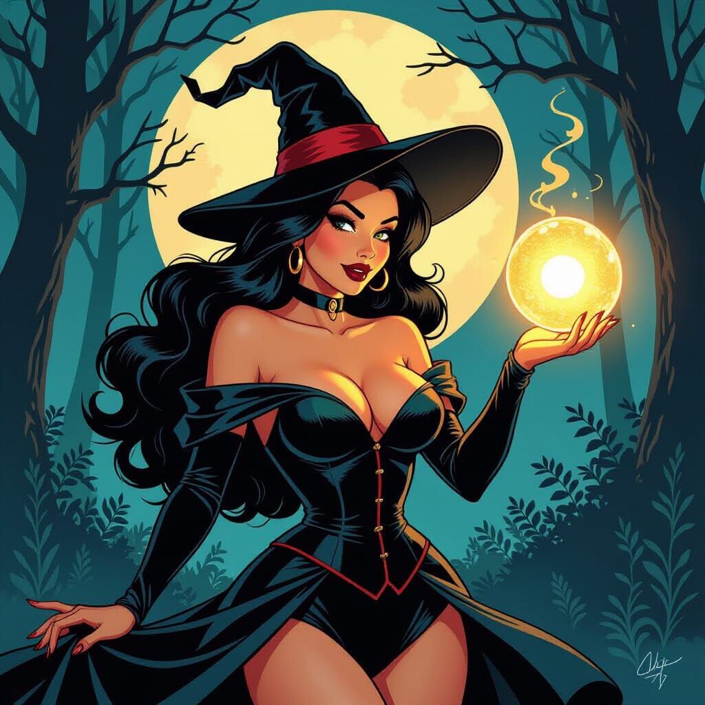 Pinup Witch Casting Spell in Moonlit Forest Comic Style