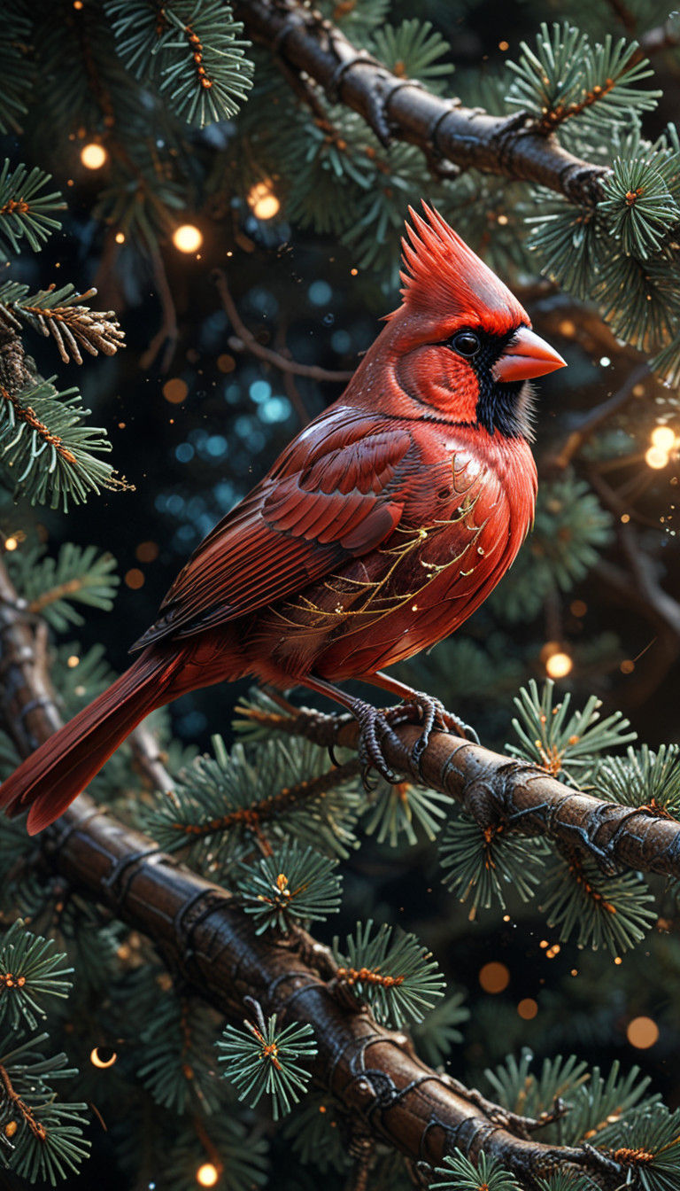 Hyper-Realistic Metallic Cardinal in Majestic Pine Tree Pose
