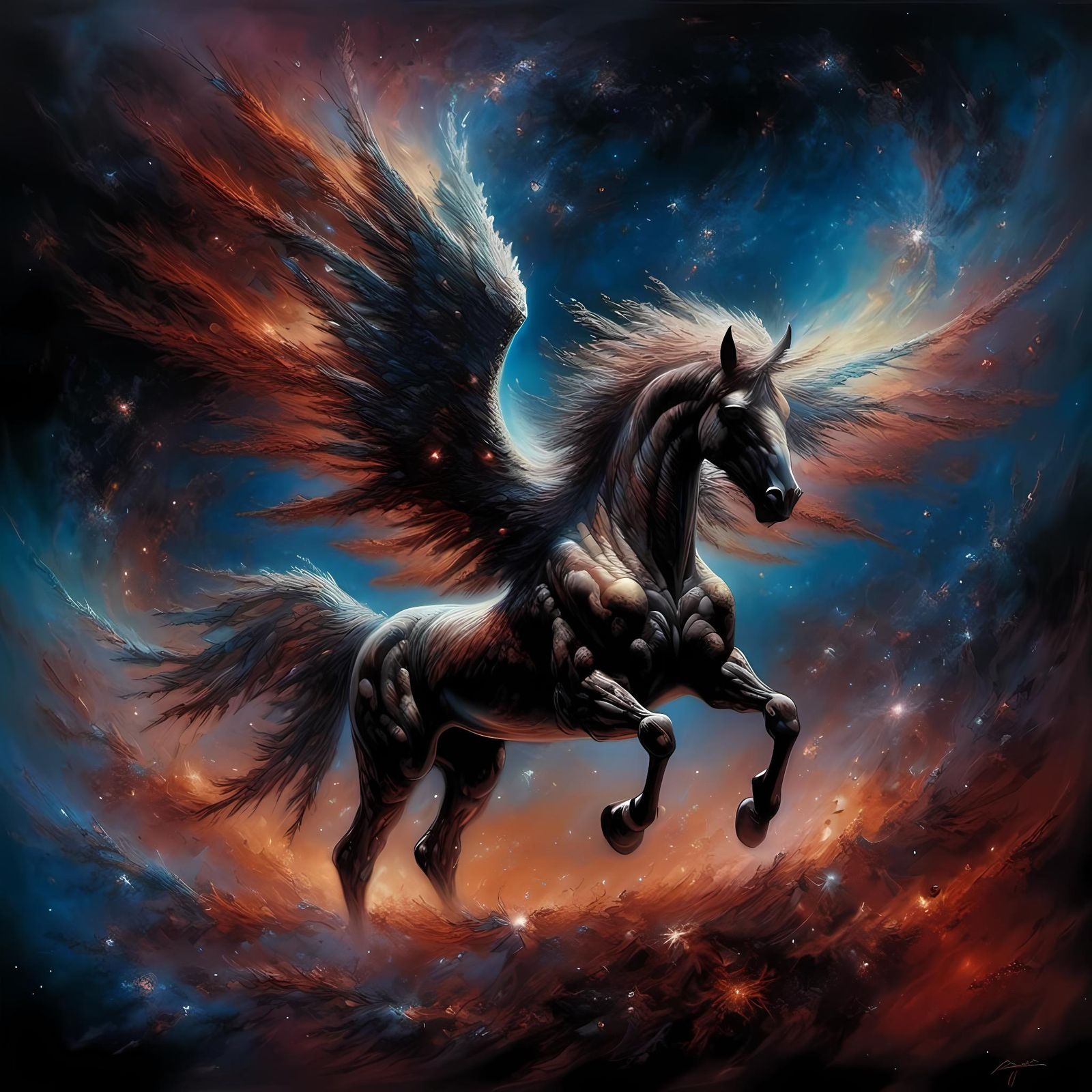 Hyperrealistic Portrait of Pegasus in Dark Cyberpunk Style