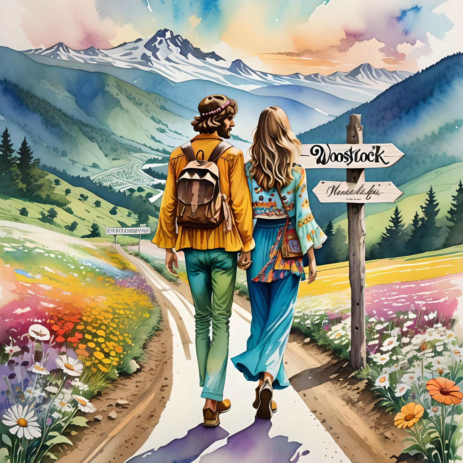 Woodstock Hippie Couple Strolls Through Flowery Landscape