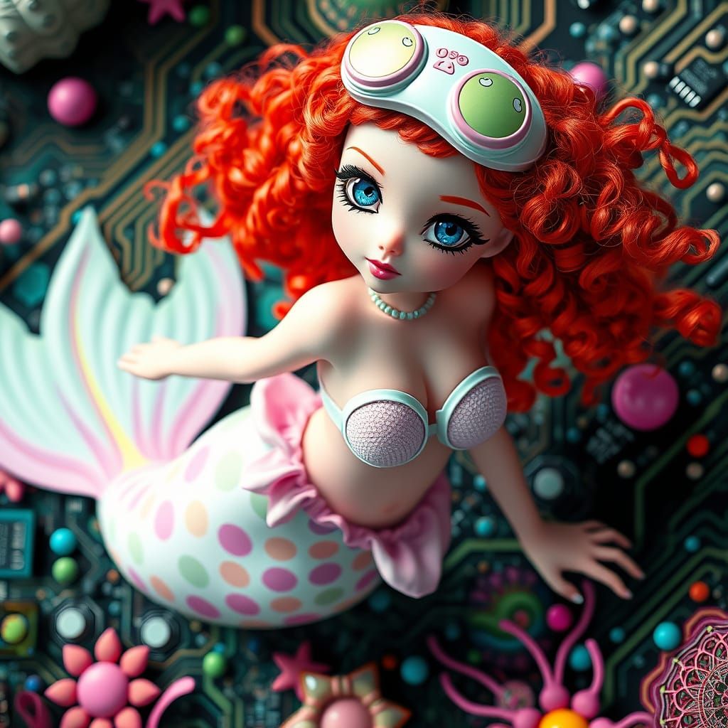 Cyberpunk Mermaid in Circuit Board Garden