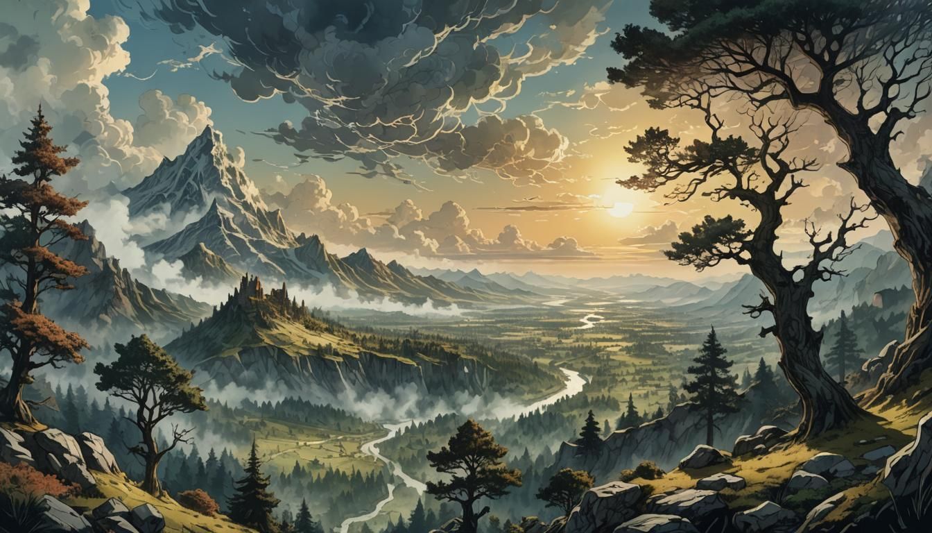Retro Fantasy Valley Landscape in Detailed Hand-Drawn Style