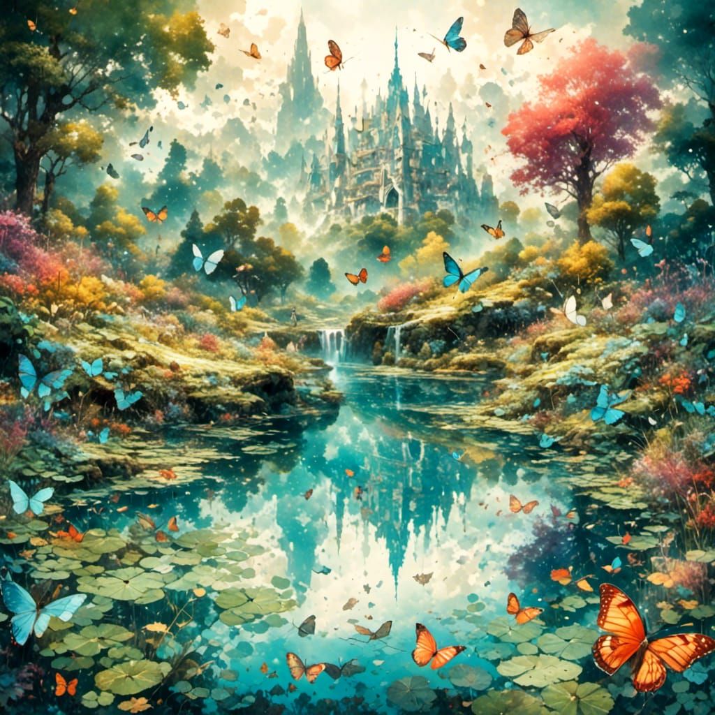 Whimsical Watercolor Castle Amidst a Purple Fantasy Landscap...