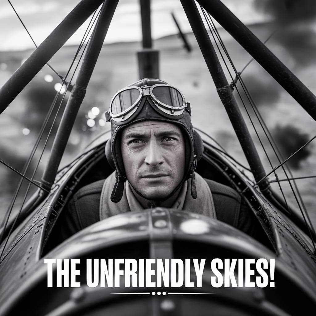 WWI Pilot in Chaotic Aerial Battle, Black and White