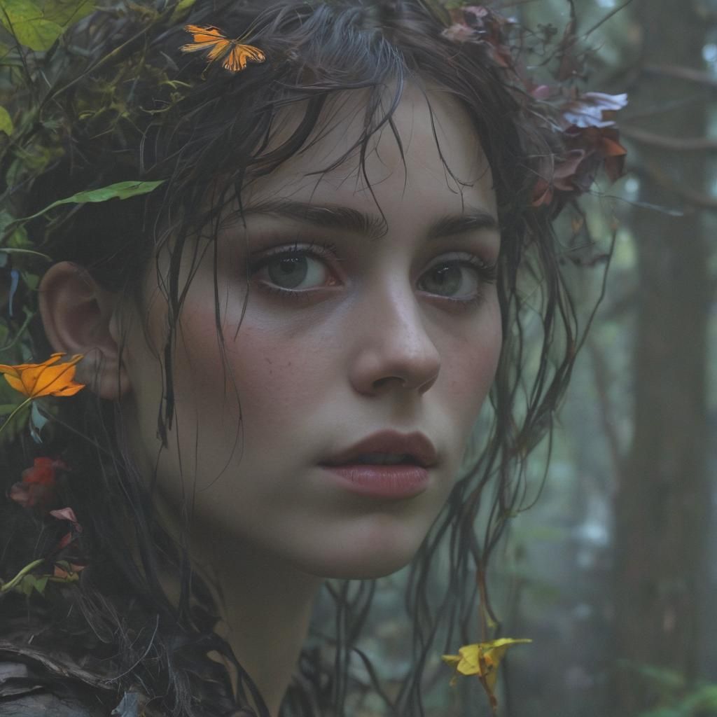 Hyperrealist Dark Faerie Amidst Eerie Rainbow Bioluminescenc...