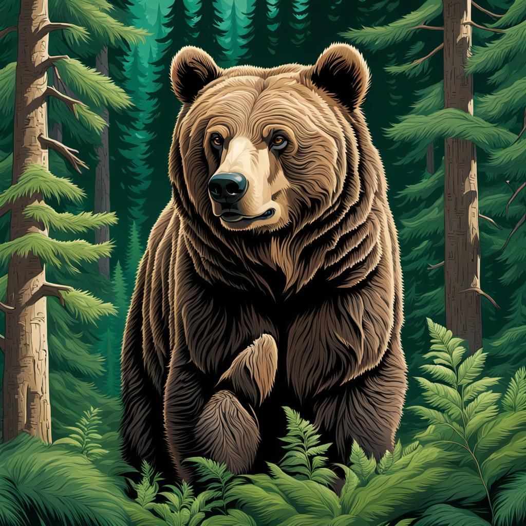 Dark Grizzly Bear in a Dense, Lush Forest