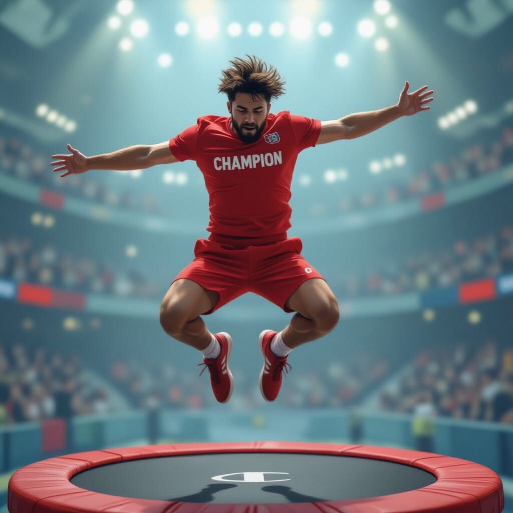 Dynamic Trampolinist in Red Jersey, Futuristic Art Style