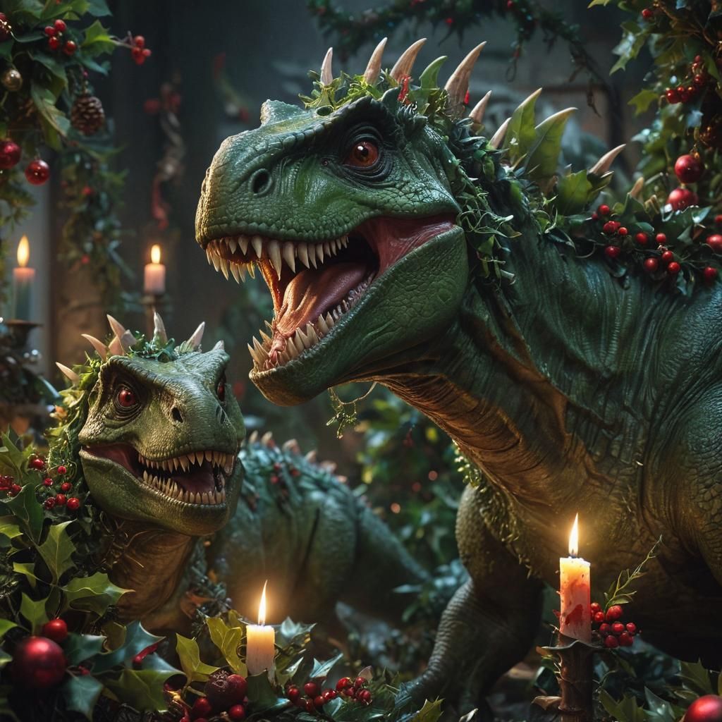 Ethereal Dinosaur Portrait in Whimsical Christmas Horror Sce...