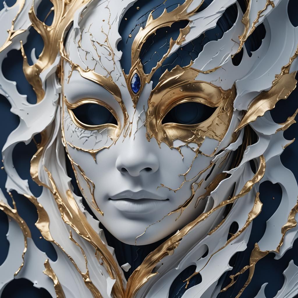 Ethereal Close-Up of a Broken White Mask in Soft Gold and Pa...