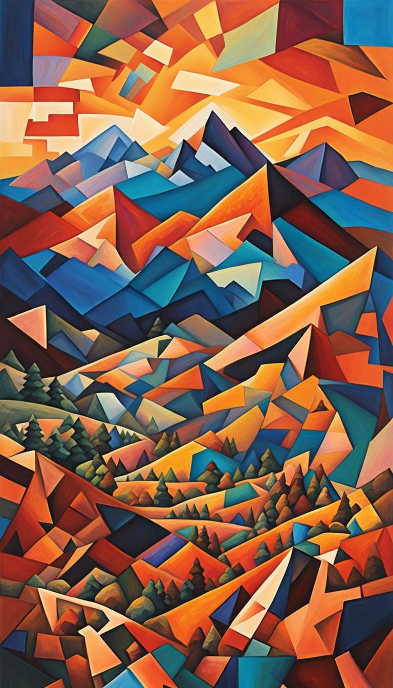 Cubist Mountain Sunset Landscape