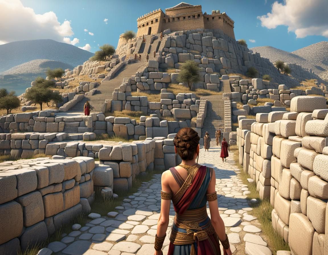 Ancient City on Cyclopean Hilltop with Vibrant Painted Archi...