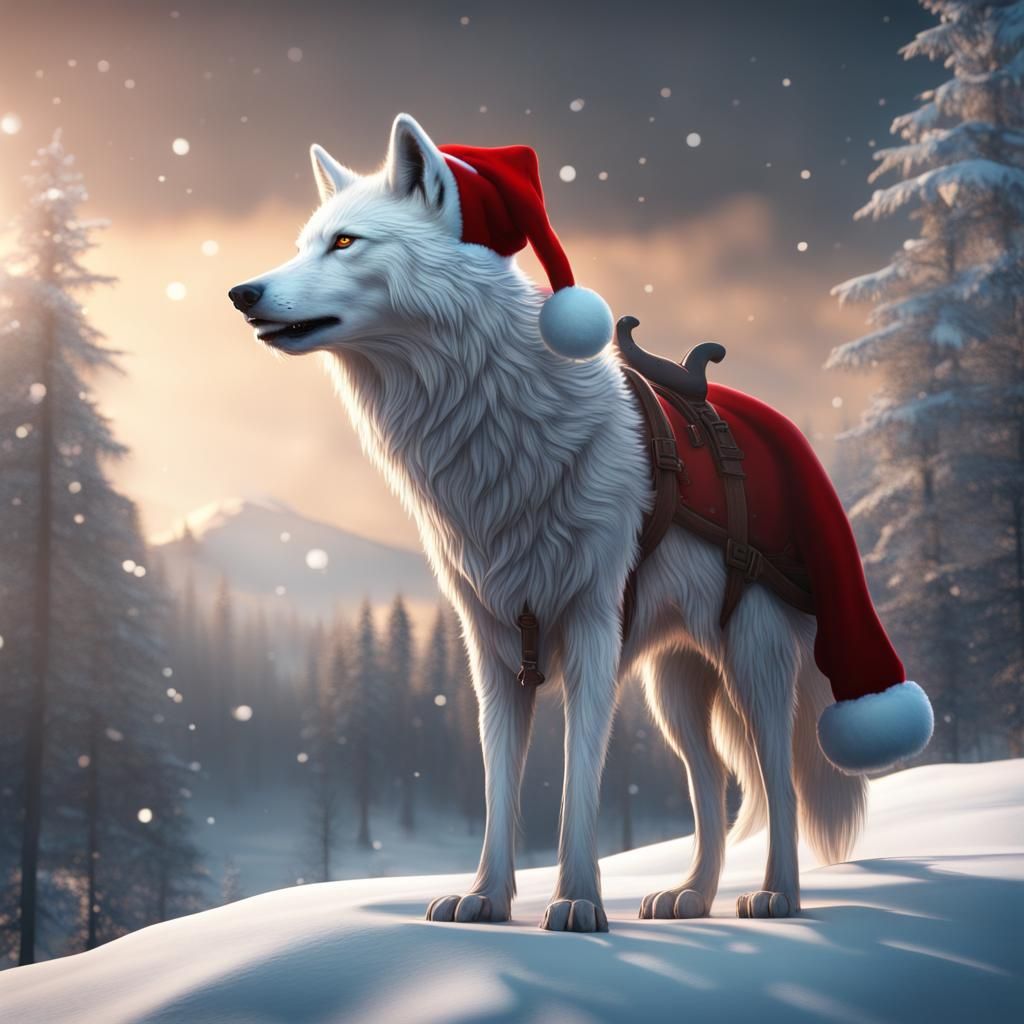 White wolf with red Santa Claus hat, winter landscape, chris...
